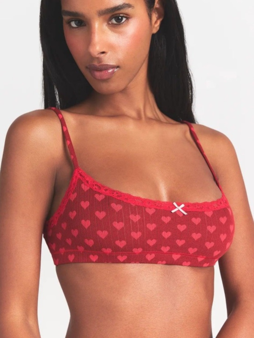 Skims Lightweight Cotton Scoop Neck Lace Bralette in Red Brick Heart size xl